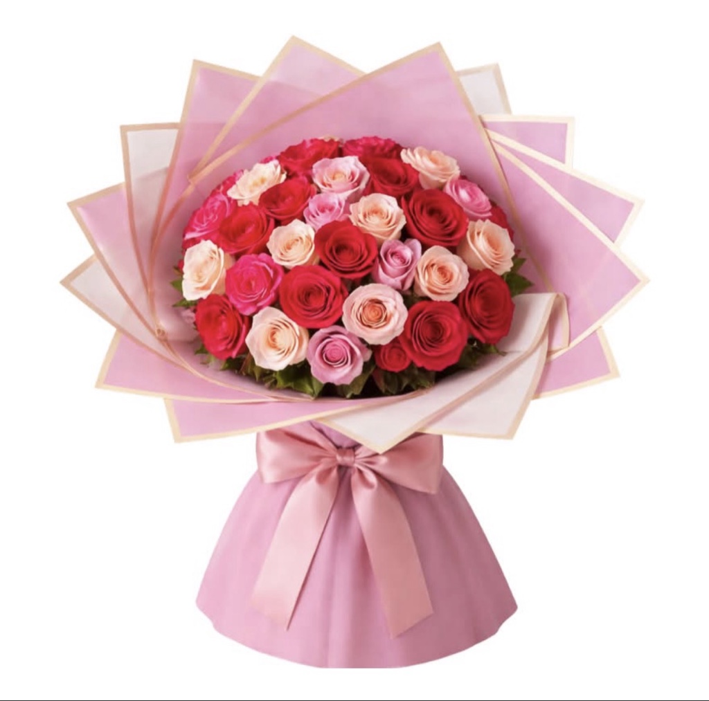 Blush Romance 25 Rose Bouquet (25 Red, Pink and Peach Roses, Decorative Crown and Butterflies, Elegantly Wrapped with Ribbon)