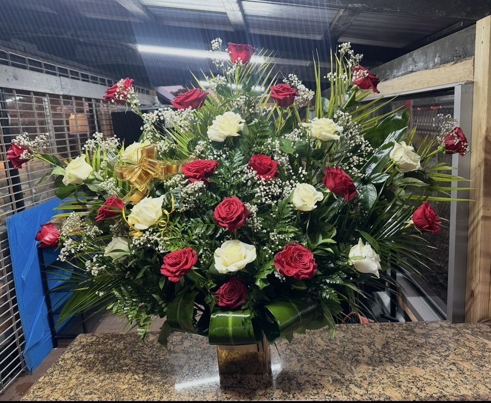 Fan Rose Arrangement (Roses, Baby's Breath, Greenery in an Arrangement with Butterflies, Ribbon Bow and Gems)