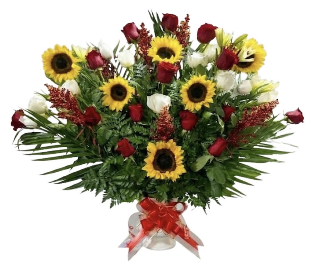Roses and Sunflowers Arrangement (Red and White Roses, Sunflowers, Red Fillers, Tropical Palm Leaves, Fern Greenery in a Pedestal Vase with Ribbon)