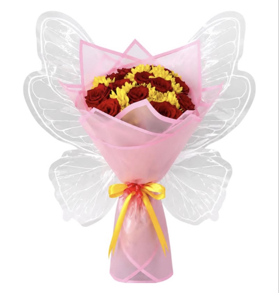 Butterfly Wings Bouquet (1 Dozen Red Roses, Yellow Daisies, Elegantly Wrapped with Ribbon)