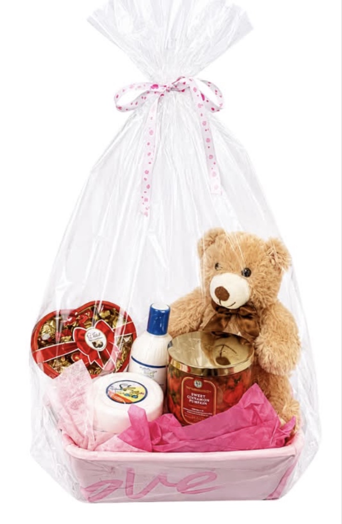 Gift Basket (Teddy Bear, Lexus Heart Chocolate, Bath & Body Works Sweet Cinnamon Pumpkin Candle, Silicon Mix Shampoo and Treatment Set, Elegantly Wrapped in a Basket with Ribbon)