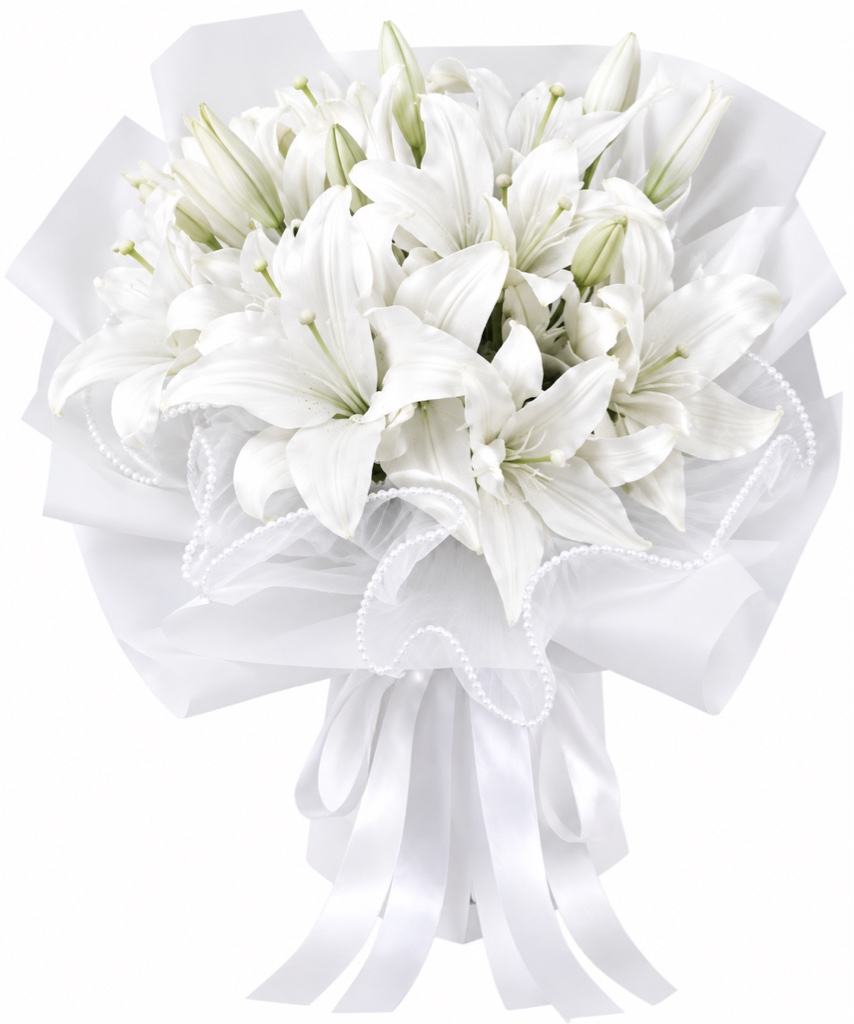 Variegated Lily Bouquet (White Lilies, Pearl Accents, Elegantly Wrapped with Ribbon)