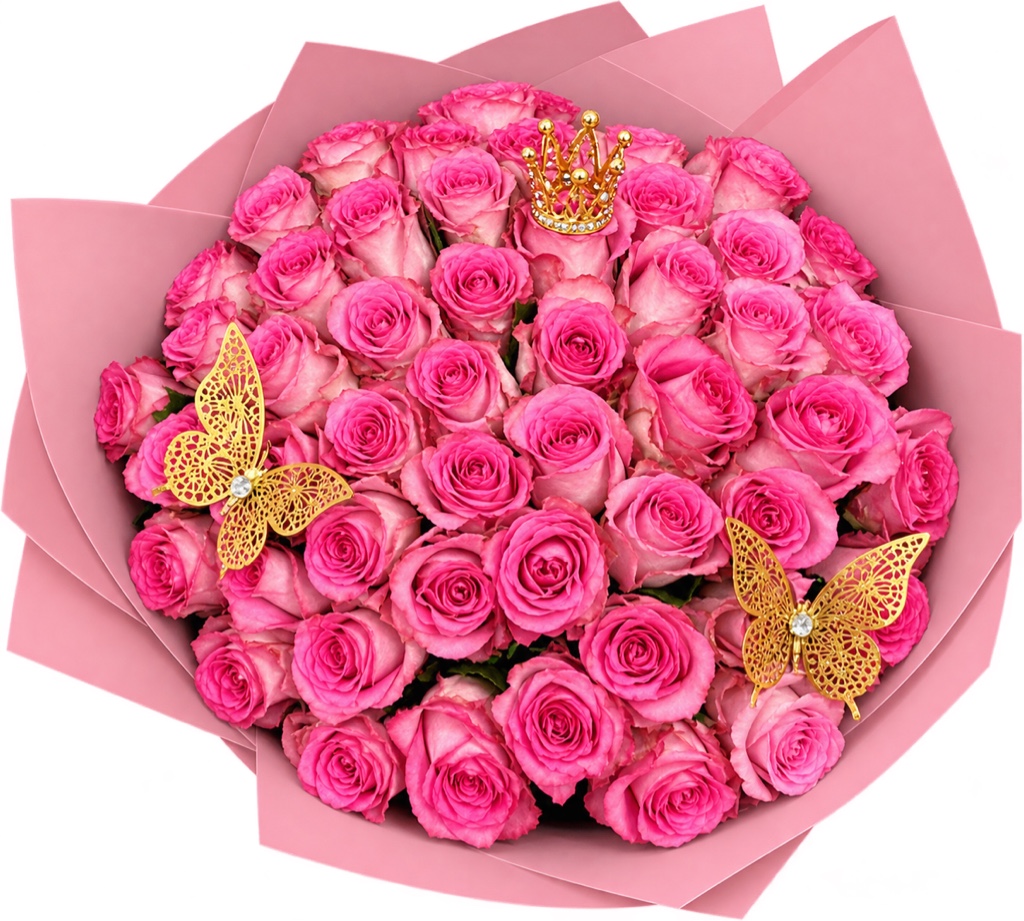 Luxury bouquet of 25 pink roses, elegantly wrapped with decorative butterflies, a crown, and a matching ribbon.