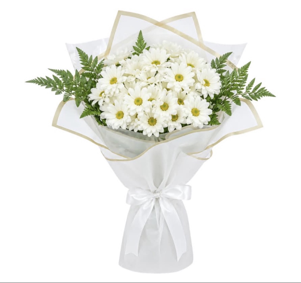 White Daisy Bouquet (White Daisies, Green Leatherleaf Fern, Elegantly Wrapped)