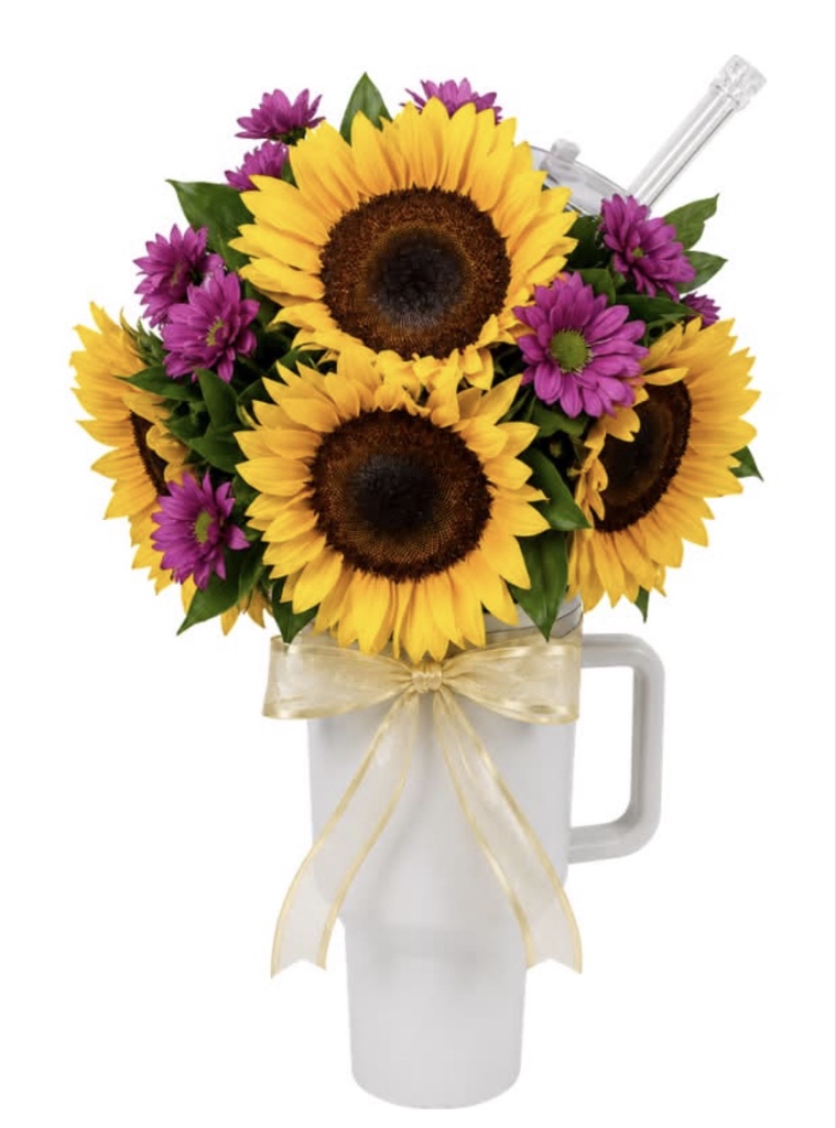 Floral Arrangement (Sunflowers, Daisies, Greenery and Ribbon in a Insulated Tumbler with Handler and Lid (40oz))