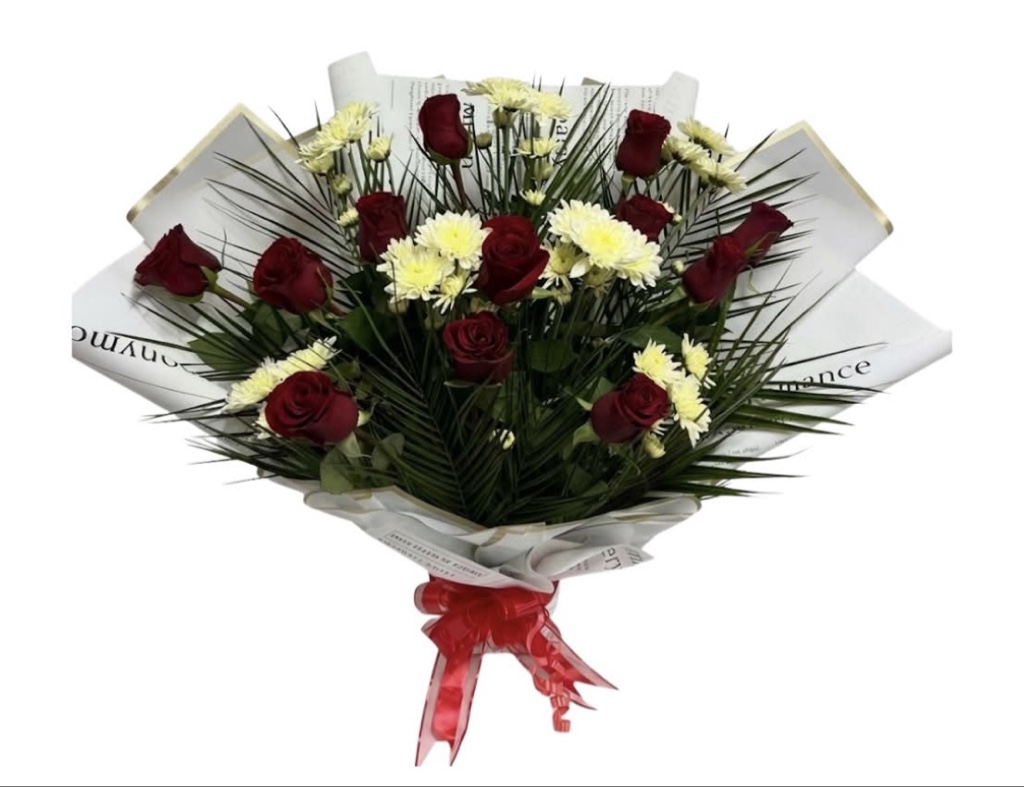 Red Rose and White Daisy Bouquet (Red Roses, White Daisy Chrysanthemums, Palm Leaves, Green Foliage, Elegantly Wrapped with Ribbon)