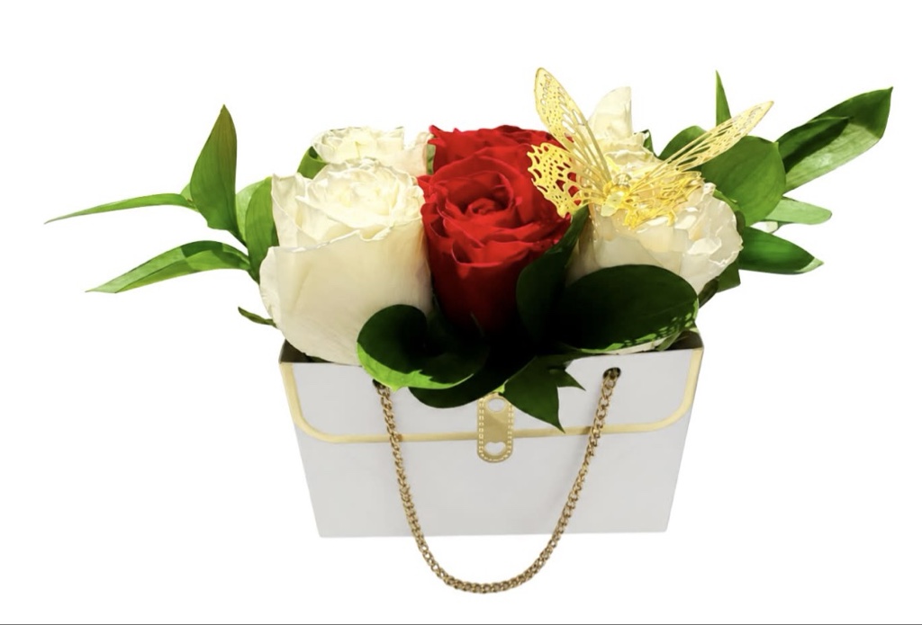 Butterfly Romance Rose Arrangement (Red and White Roses, Green Foliage, Decorative Butterfly in a Handbag Box with Chain Handles)