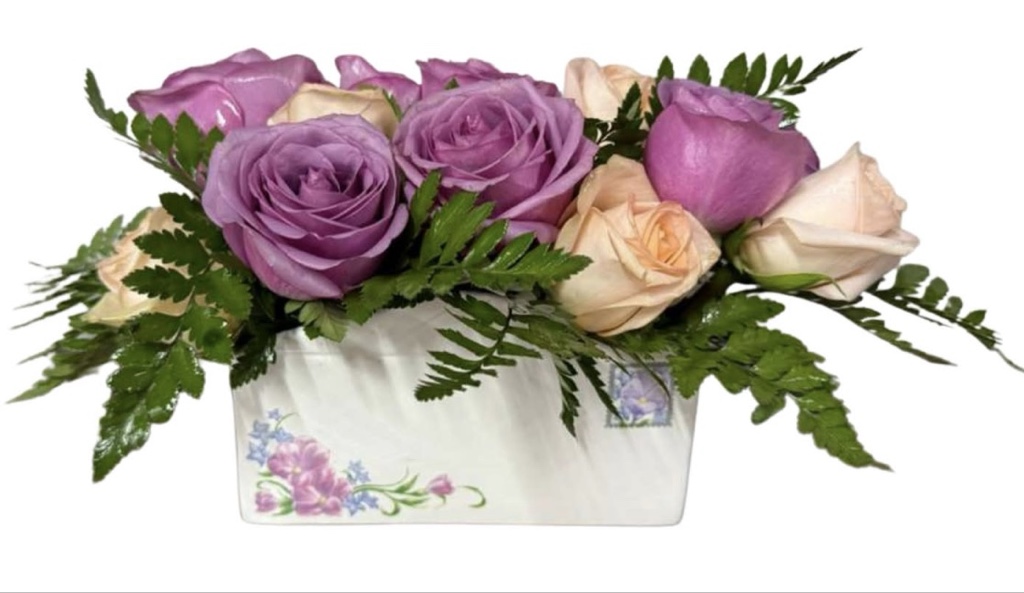 Roses Envelope Porcelain Vase Arrangement (12 Lavender and Peach Roses, Greenery in an Envelope Porcelain Vase)