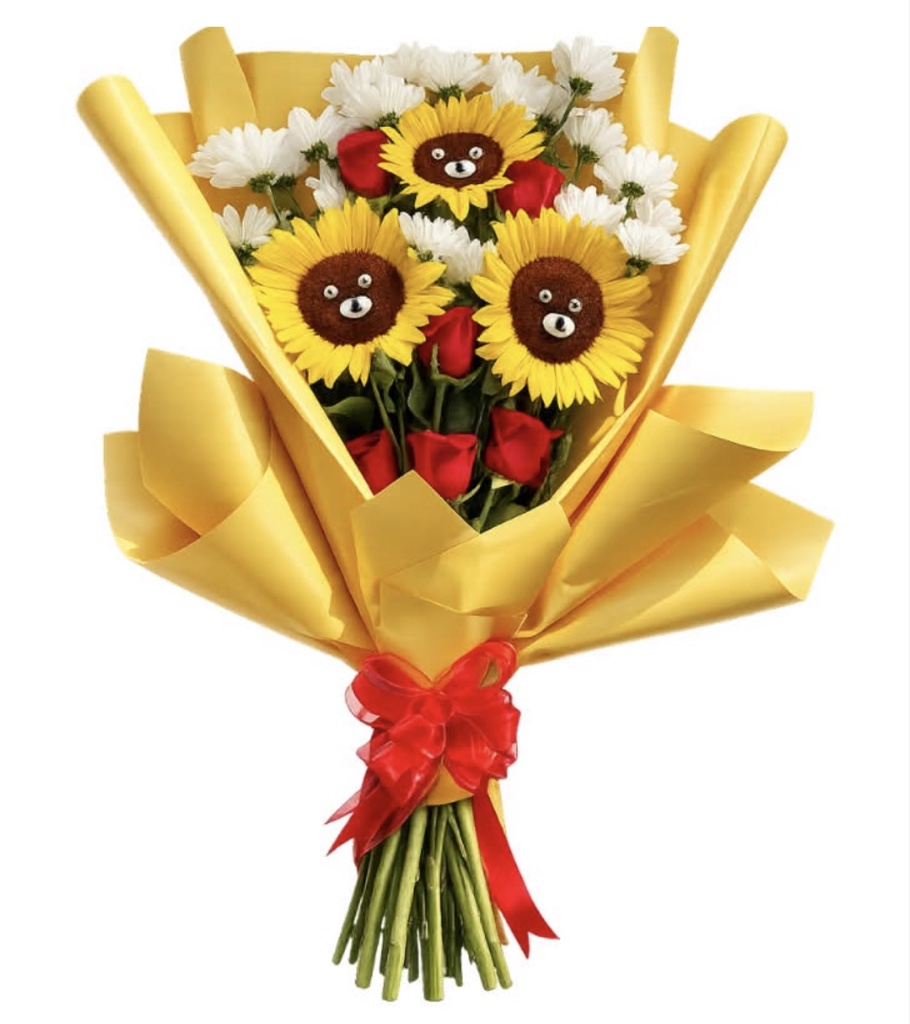 Lion Face Floral Bouquet (Sunflowers, Daisies, Red Roses, Elegantly Wrapped with Ribbon)