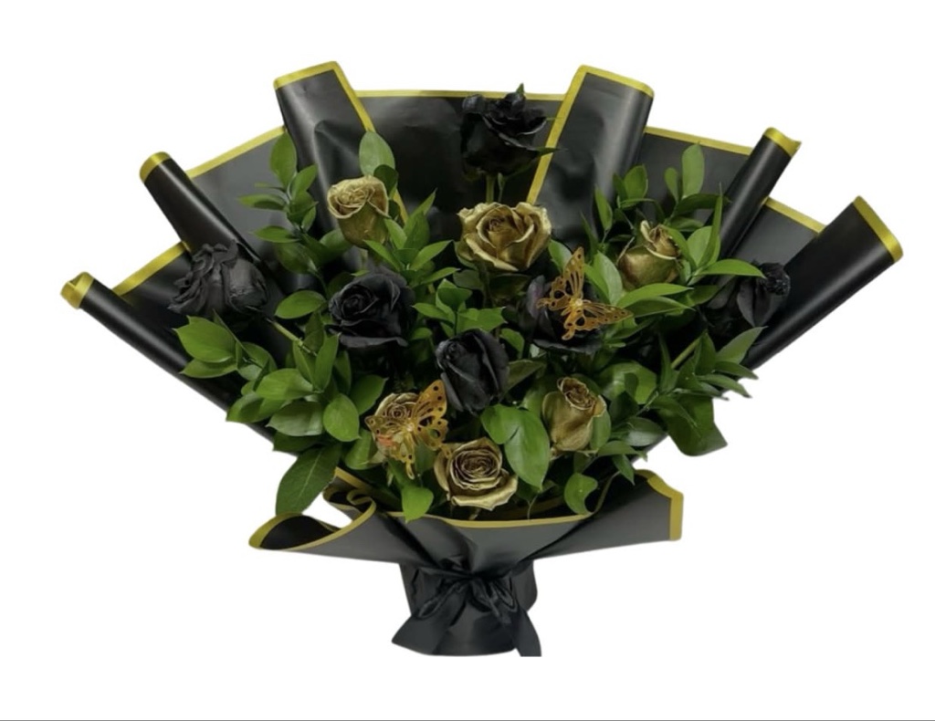 Midnight Gold Rose Bouquet (Black and Gold Roses, Green Foliage, Elegantly Wrapped with Ribbon and Butterflies)
