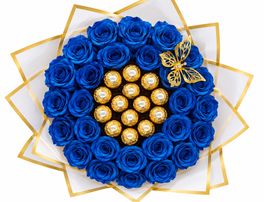 Round Bouquet of 25 Blue Roses with 12 Ferrero Rocher Chocolates, elegantly wrapped in white paper, featuring a butterfly and a matching ribbon in the same color as the roses.