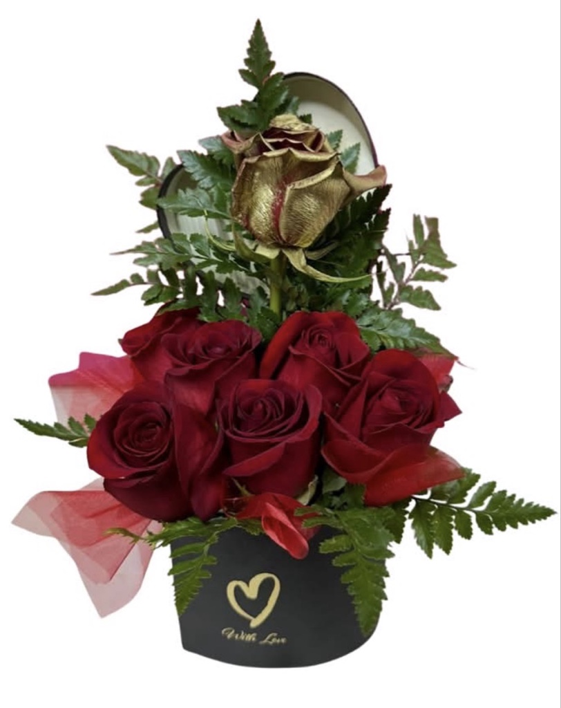 Gold Rose Love Box (1 Gold Rose, Red Roses, Greens in a Heart Box with Lid and Tulle Strands)