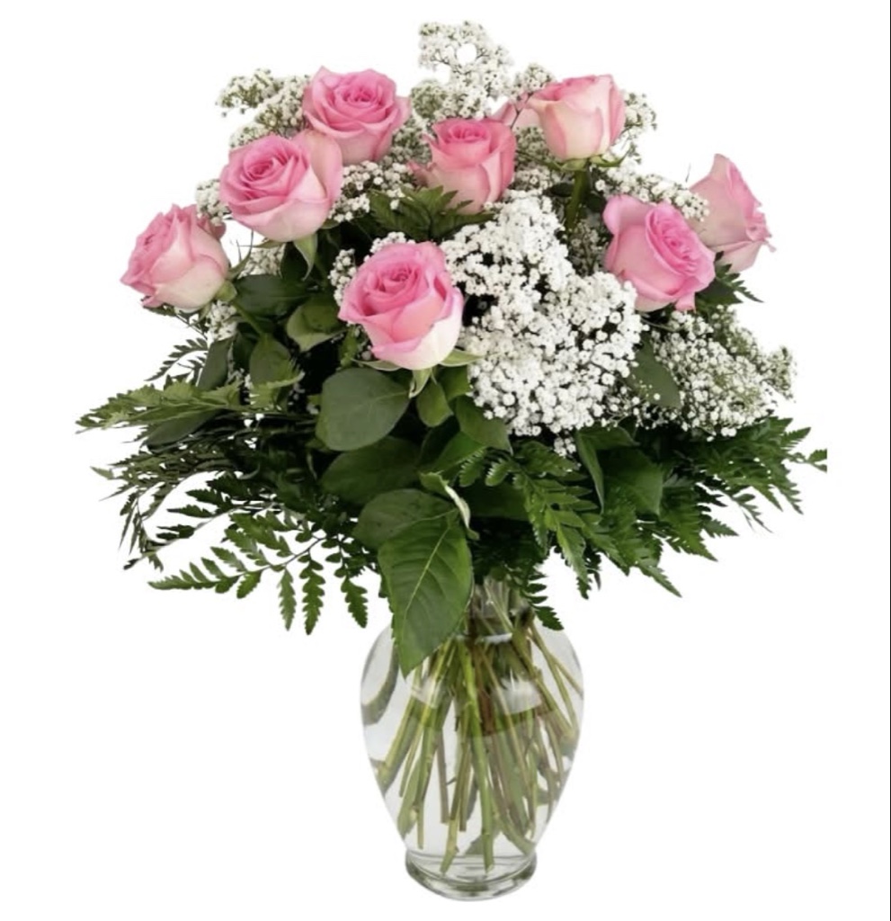 Dozen Roses Arrangement (12 Roses, Baby's Breath, Greenery in a Clear Glass Vase)