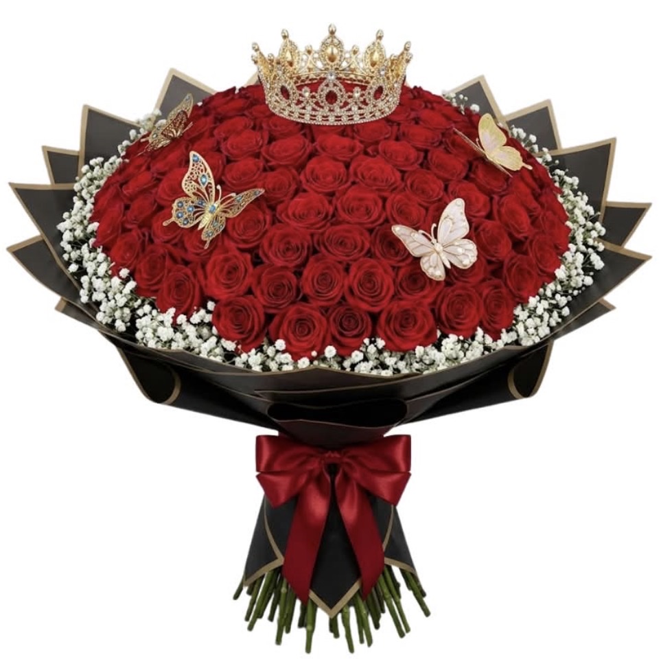 Buchon 100 Rose Bouquet (100 Roses, Baby's Breath, Decorative Butterflies and Crown, Elegantly Wrapped with Ribbon)
