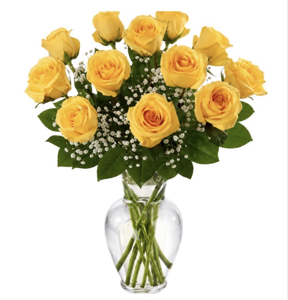 Classic Dozen Yellow Roses Arrangement (12 Yellow Roses, Baby's Breath, Greenery in a Clear Glass Vase)