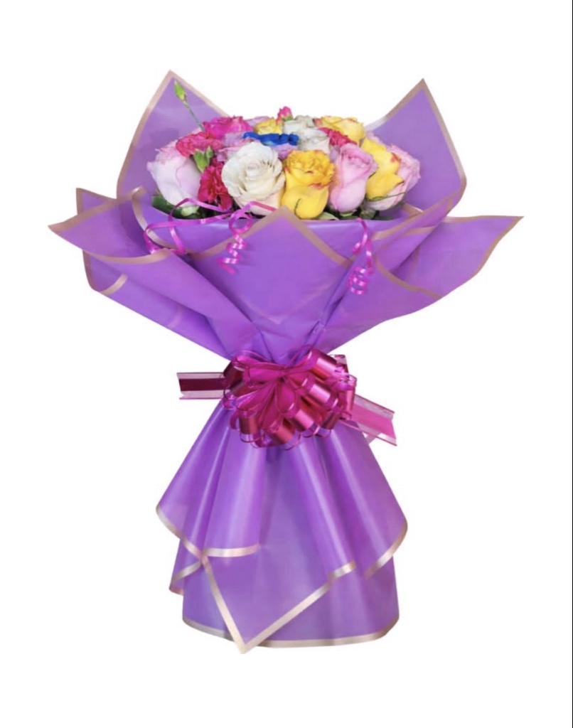 Assorted Roses Bouquet (20 Pink, White, Yellow and Blue Roses, Elegantly Wrapped with Ribbon)