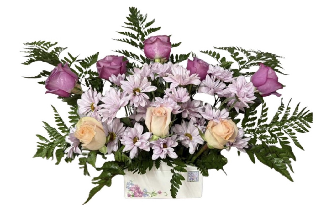 Mother's Envelope Porcelain Vase Arrangement (Pink and Peach Roses, Light Pink Chrysanthemums, Greenery in a Envelope Porcelain Vase)