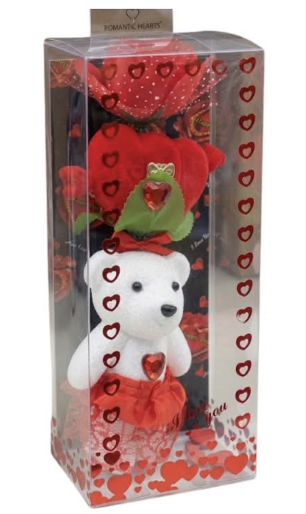 Red Frock Teddy Bear with Heart & Rose Gift Box (1 Each)