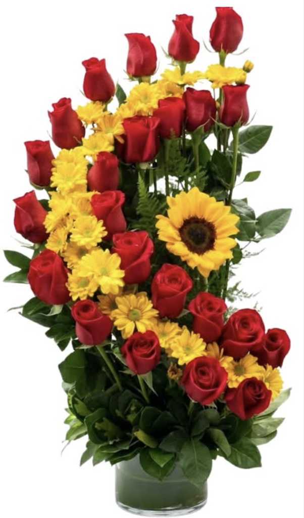Spiral Rose, Daisy and Sunflower Arrangement (Red Roses, Yellow Daisies, Sunflower, Greenery in a