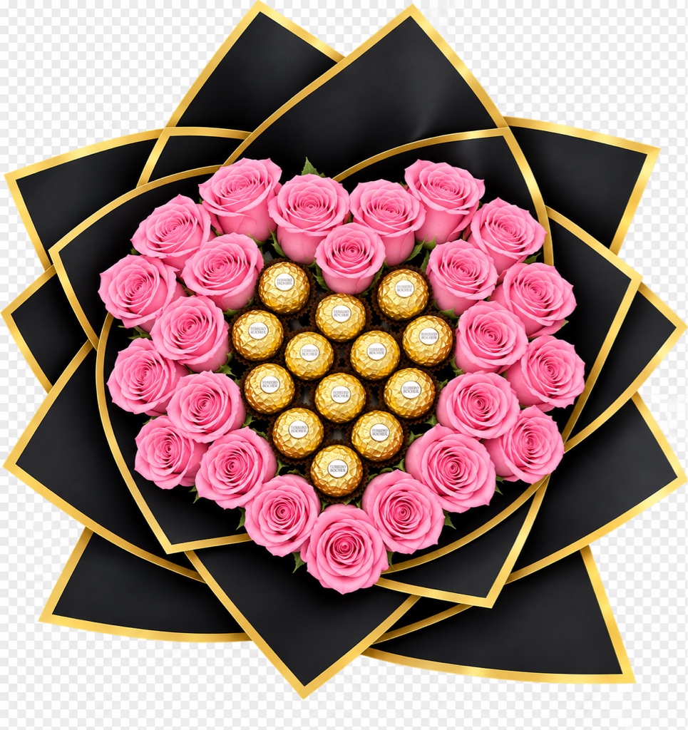 Bouquet of 25 pink Roses with 12 Ferrero Rocher chocolates, elegantly wrapped in black and gold paper with a matching ribbon.