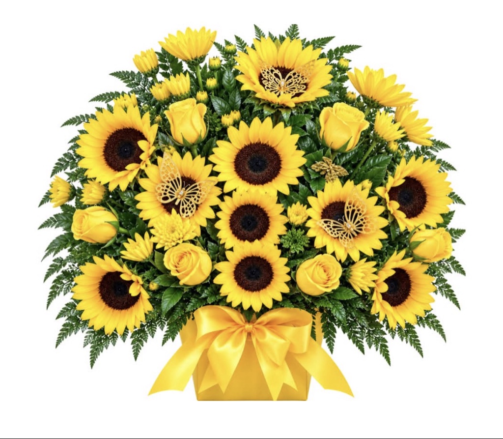 Sunflower, Daisy & Rose arrangement (Yellow Roses, Sunflower, Daisy, Green foliage & butterflies in a Vase with Ribbon Bow)
