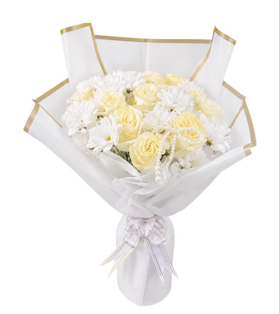Angelic Bouquet (12 White Roses and Daisies, Pearl, Elegantly Wrapped with Ribbon)