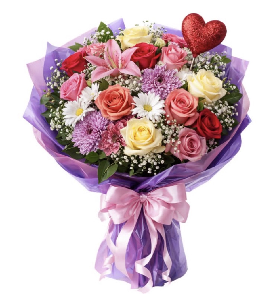 Mixed Floral Celebration Bouquet (Red, Pink, Peach and Yellow Roses, Pink and Purple Chrysanthemums, Pink Lilies, White Daisies, Baby's Breath, Greenery, Elegantly Wrapped with Heart Pick)