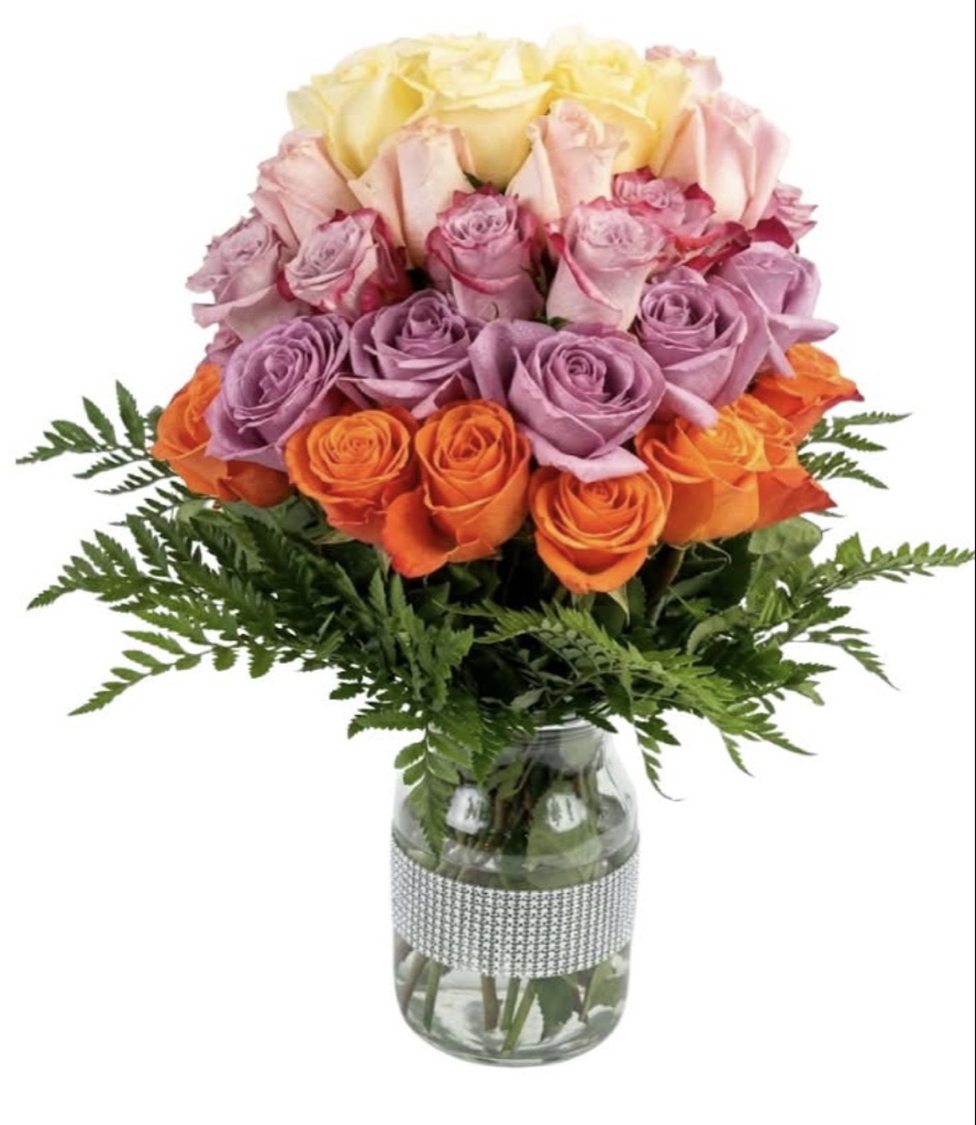 Ombre Rose Arrangement (Yellow, Lavender, Peach and Orange Roses, Greenery in a Vase)