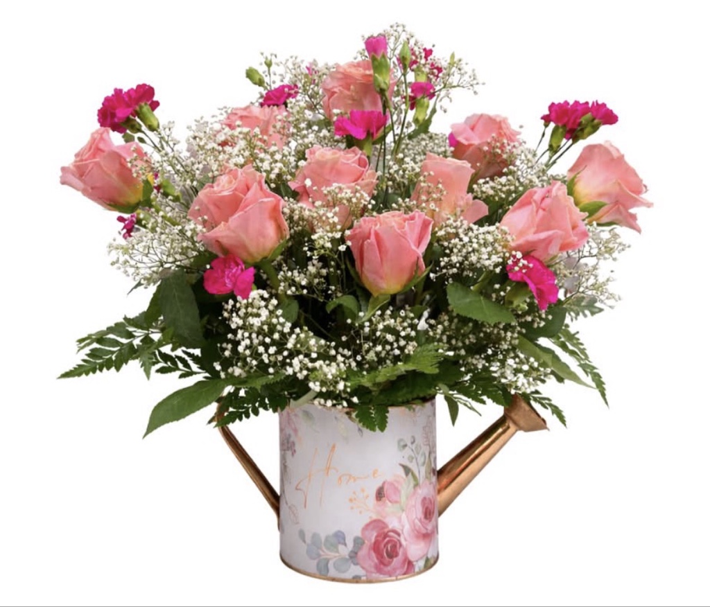 Blush Rose Garden Watering Can Arrangement (Dozen Pink Roses and Carnations, Baby's Breath, Seasonal Greenery in Waterina Can)
