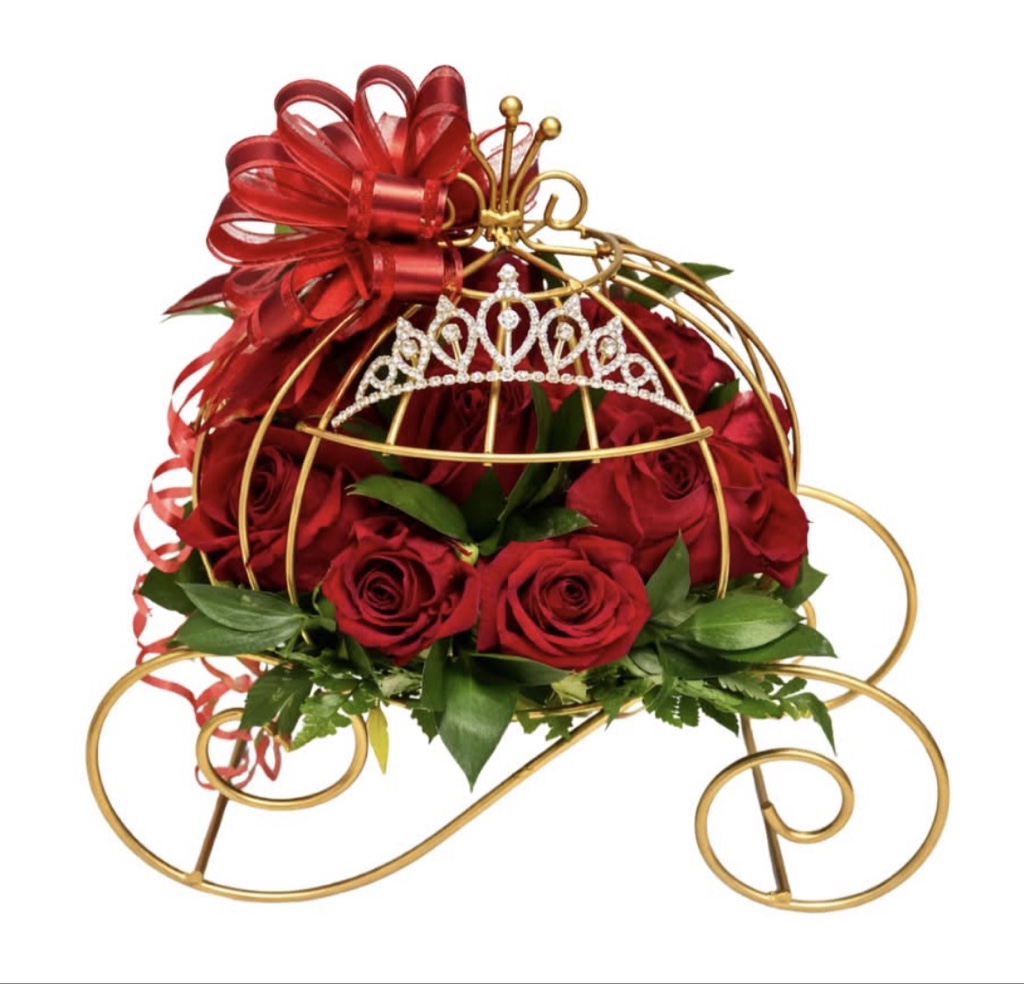 Royal Red Rose Carriage Arrangement (Red Roses, Seasonal Greenery in a Carriage with Ribbon Bow and Crown Accent)