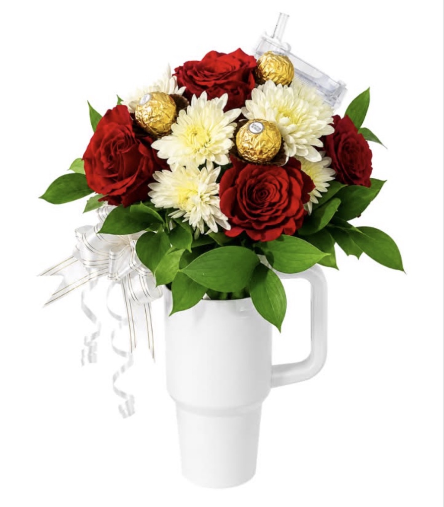 Floral Arrangement (Red Roses, White Daisies, Green Foliage, Chocolates and Ribbon in a Insulated Tumbler with Handler and Lid (40oz))