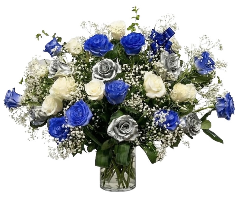 White, Blue and Silver Rose Arrangement (White, Blue and Silver Roses, Baby's Breath, Greenery in an arrangement with Ribbon Bow)