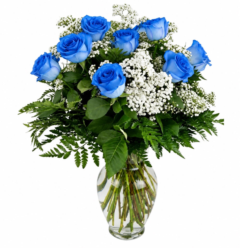 Classic Dozen Blue Roses Arrangement (12 Blue Roses, Baby's Breath, Greenery in a Clear Glass Vase)
