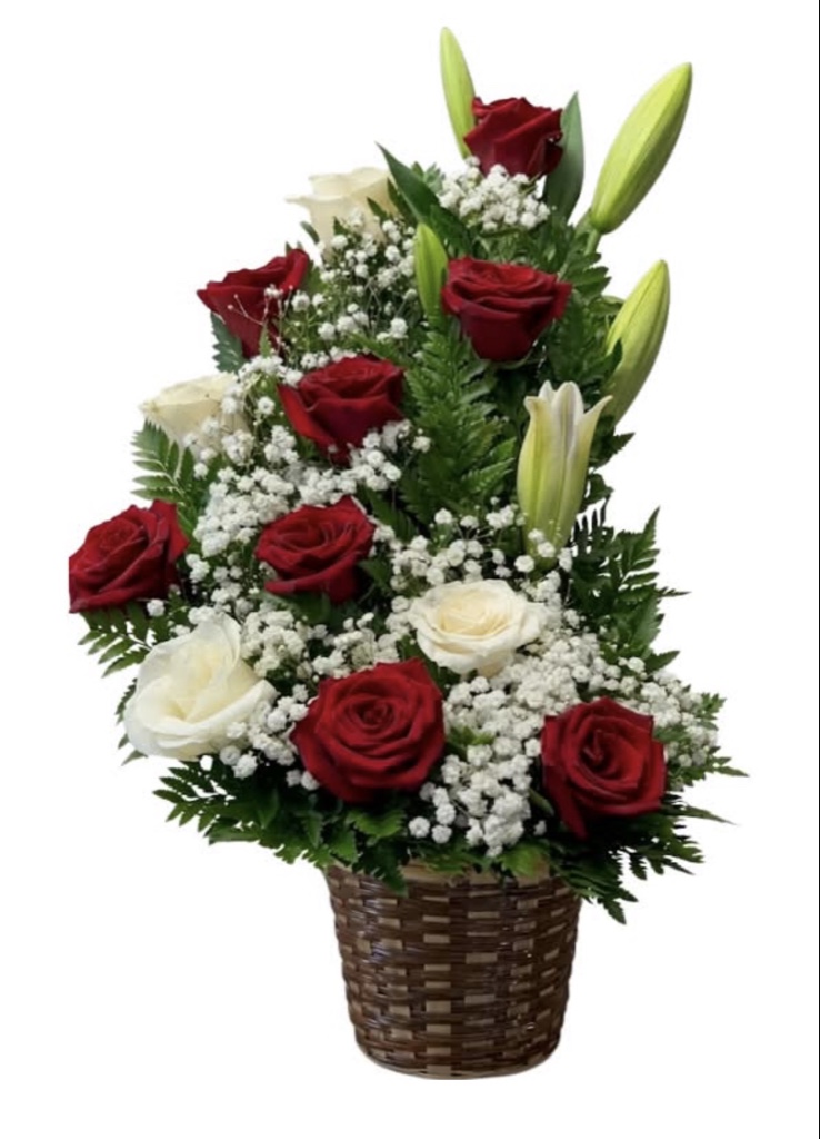 Spiral Rose and Lily Arrangement (Red and White Roses, Lily Blooms and Buds, Gypsophila, Green Foliage in a Basket)