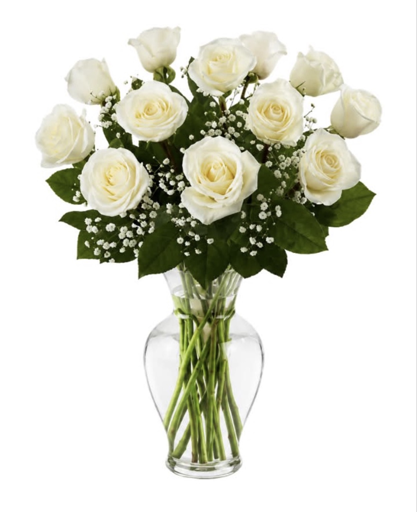 Classic Dozen White Roses Arrangement (12 White Roses, Baby's Breath, Greenery in a Clear Glass Vase)