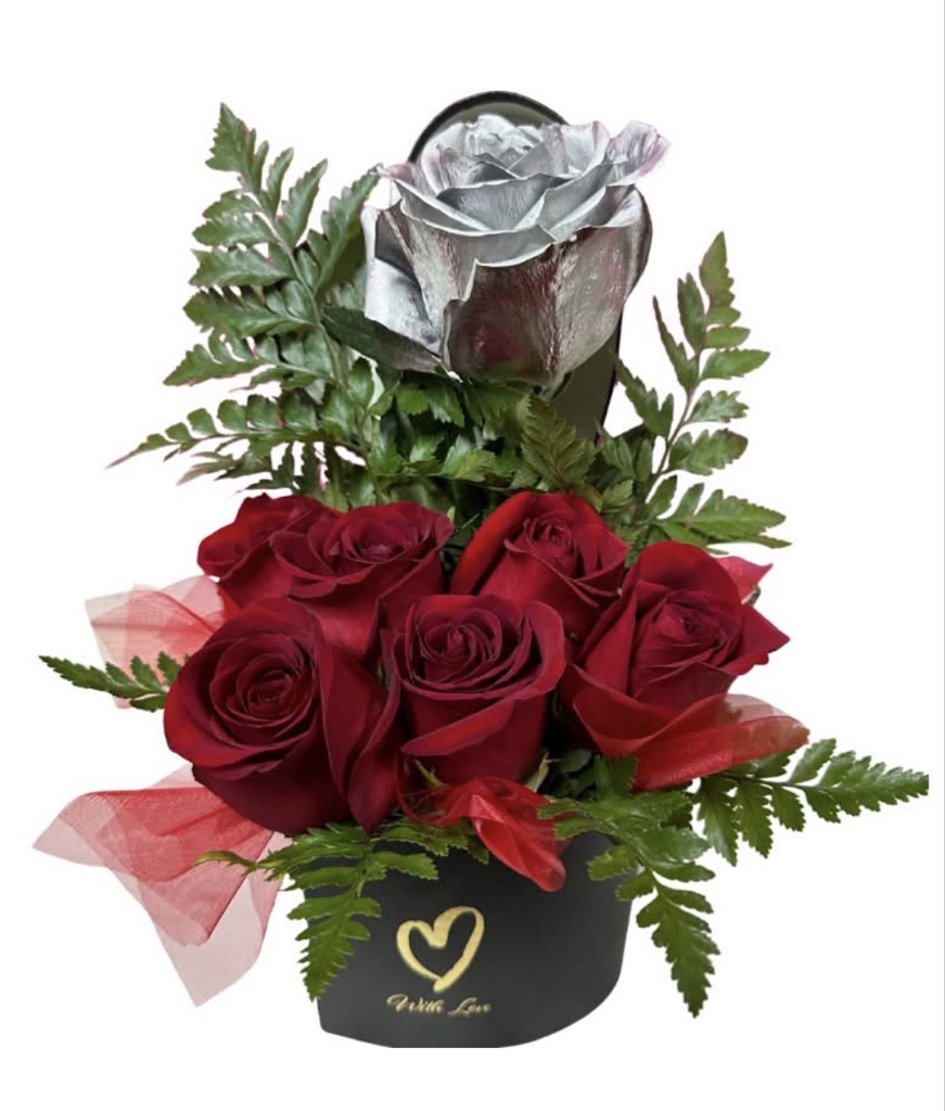 Silver Rose Love Box (1 Silver Rose, Red Roses, Greens in a Heart Box with Lid and Tulle Strands)
