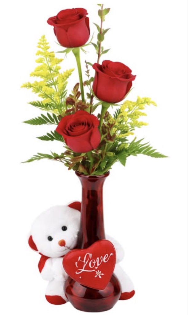 Red Rose Bud Vase Arrangement (3 Red Roses, Solidago, Greenery in a Bud Vase with Plush Bear)