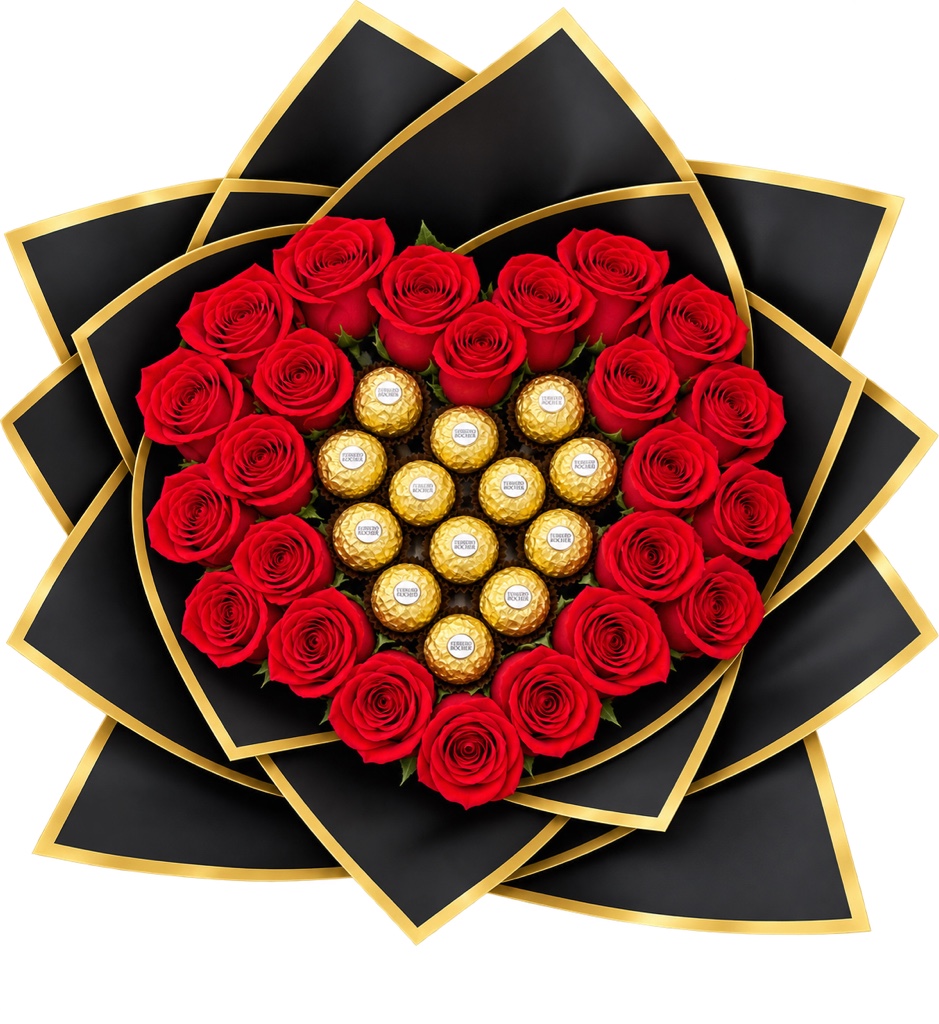 Bouquet of 25 red roses with 12 Ferrero Rocher chocolates, elegantly wrapped in black and gold paper with a matching ribbon.