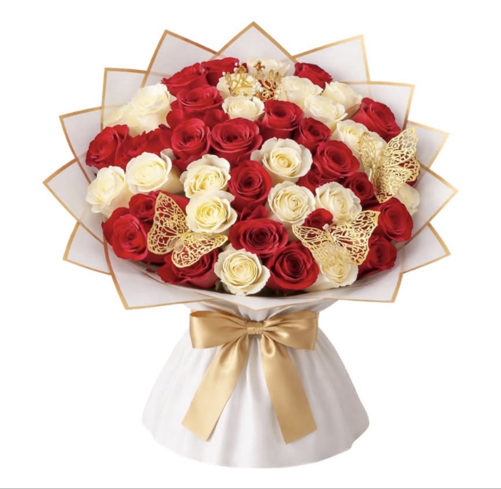 Royal Passion 25 Rose Bouquet (25 Red and White Roses, Decorative Crown and Butterflies, Elegantly Wrapped with Ribbon)