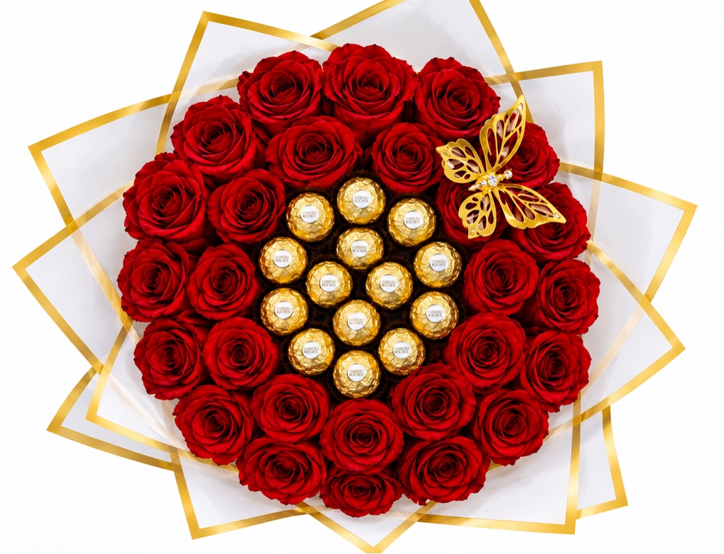 Round Bouquet of 25 Roses with 12 Ferrero Red Rocher Chocolates, elegantly wrapped in white paper, featuring a butterfly and a matching ribbon in the same color as the roses.