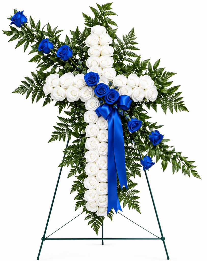 Blue Funeral Cross Arrangement (white and Blue Roses, Leatherleaf Fern, Greenery on a Stand with Ribbon)