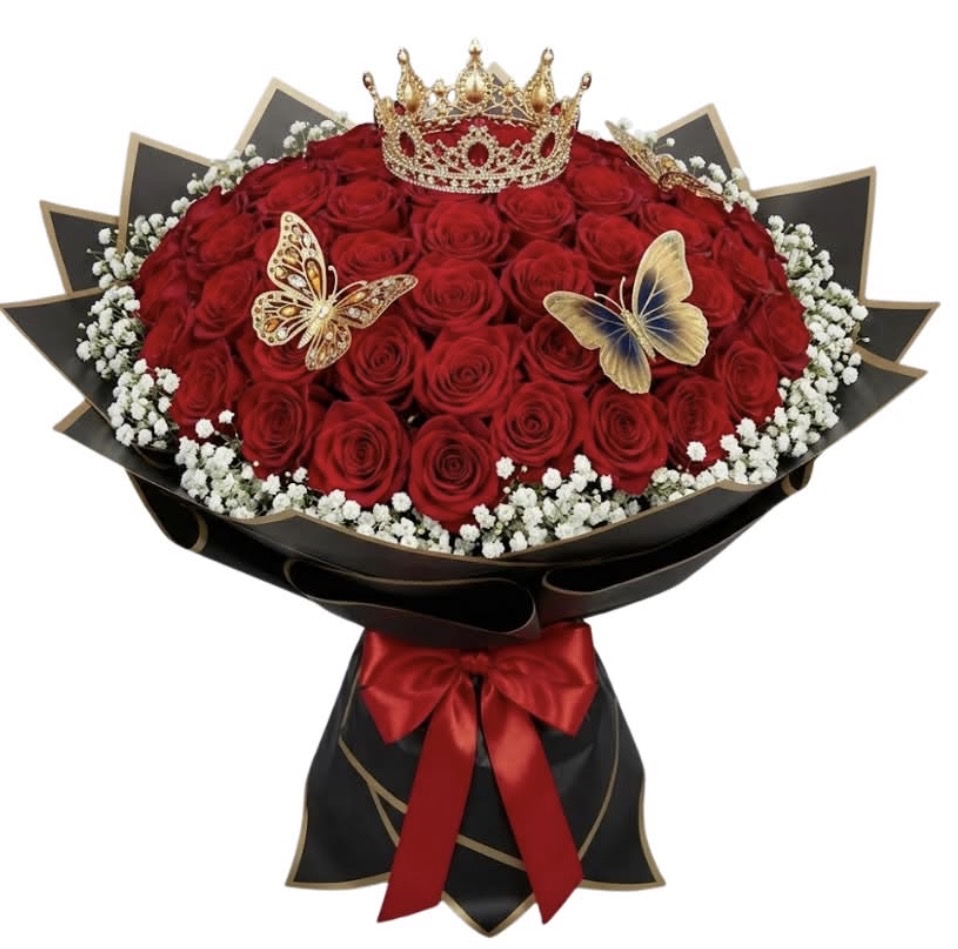 Buchon 50 Rose Bouquet (50 Roses, Baby's Breath, Decorative Butterflies and Crown, Elegantly Wrapped with Ribbon)