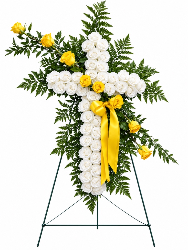 Yellow Funeral Cross Arrangement (white and Yellow Roses, Leatherlea Fern, Greenery on a Stand with Ribbon)