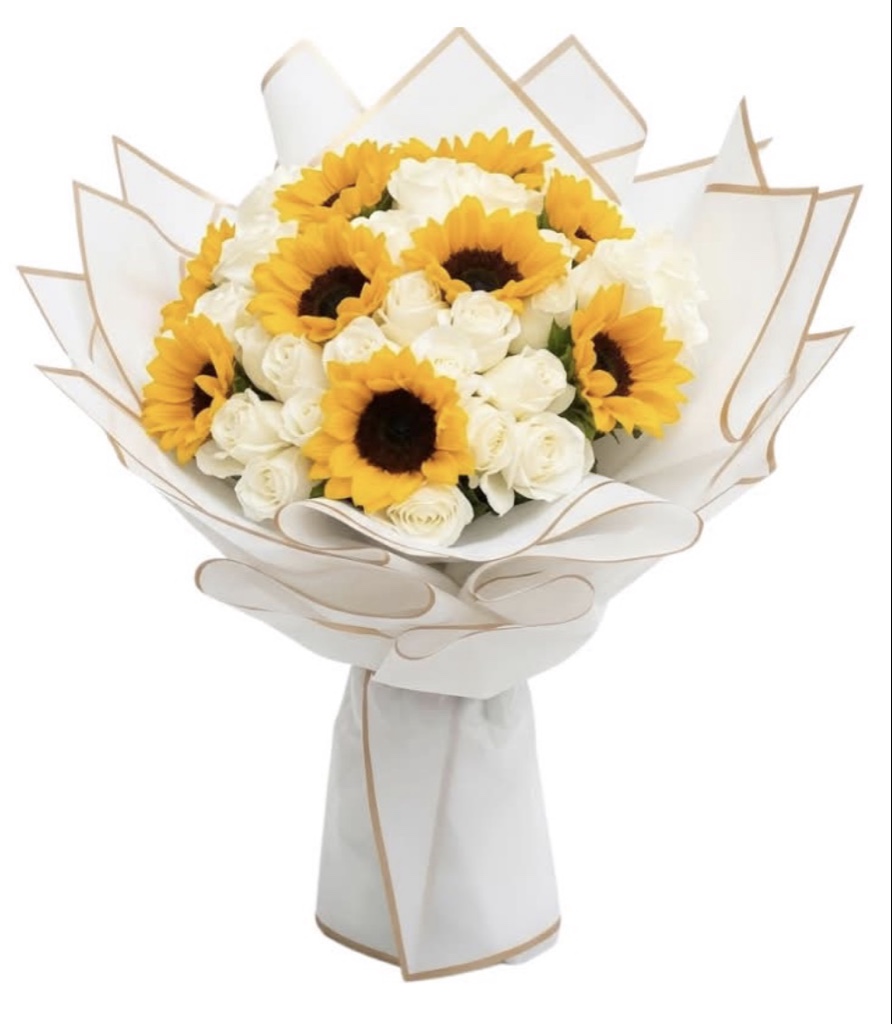 White Rose and Sunflower Buchon Bouquet (25 White Roses, Sunflowers, Greenery, Elegantly Wrapped with Ribbon)