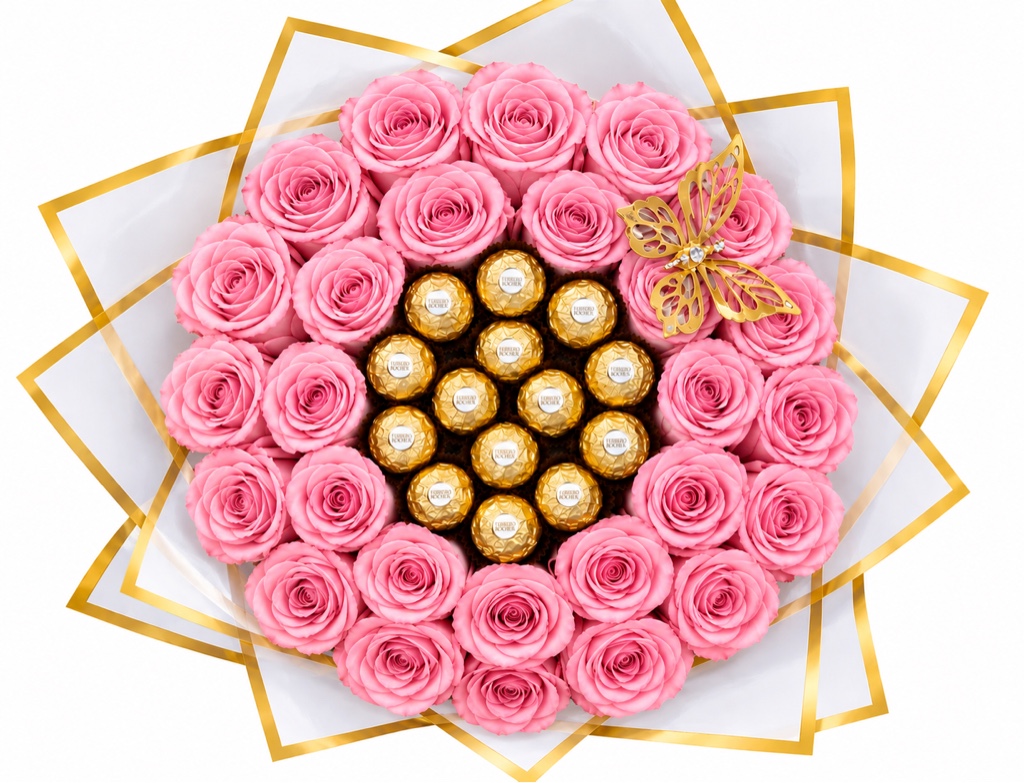 Round Bouquet of 25 Pink Roses with 12 Ferrero Rocher Chocolates, elegantly wrapped in white paper, featuring a butterfly and a matching ribbon in the same color as the roses.