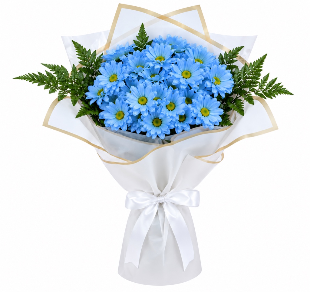 Blue Daisy Bouquet (Blue Daisy Bouquet (White Daisies, Green Leatherleaf Fern, Elegantly Wrapped)