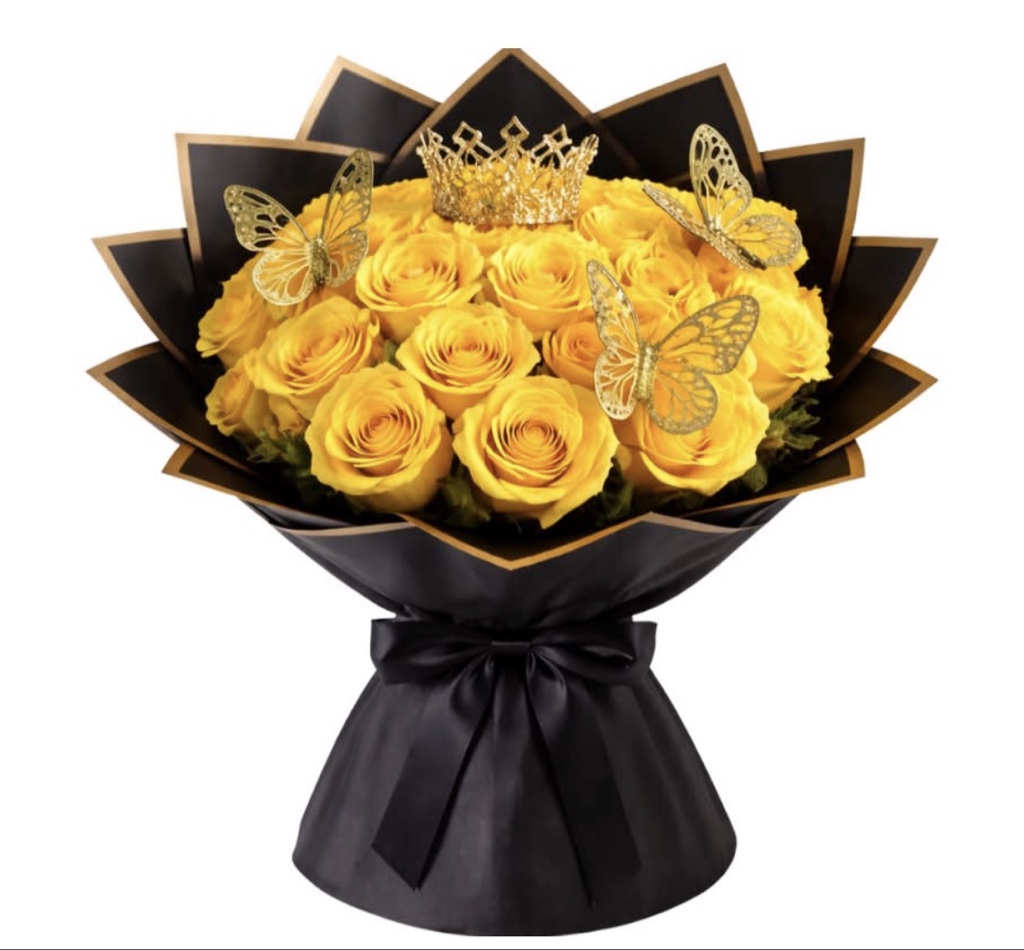 Golden Radiance 25 Rose Bouquet (25 Yellow Roses, Decorative Crown and Butterflies, Elegantly Wrapped with Ribbon)