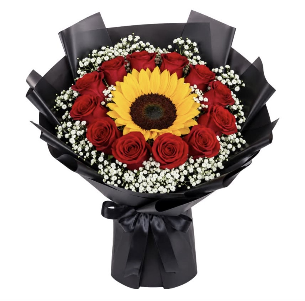 Red Roses and Sunflower Bouquet (12 Red Roses, Sunflower, Baby's Breath, Elegantly Wrapped with Ribbon)