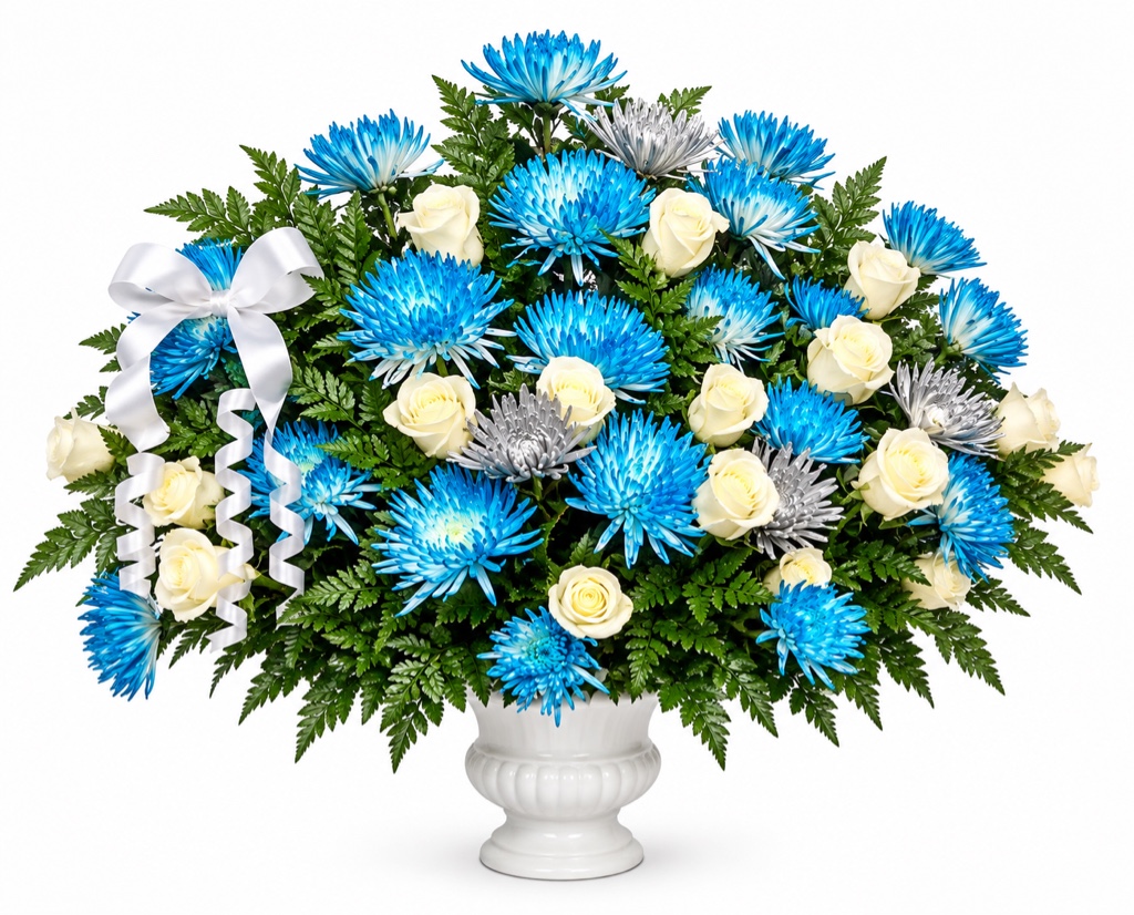 Chrysanthemums and Rose Arrangement (Blue Chrysanthemums, White Roses, Silver Chrysanthemums, Greenery in an Urn Vase with Ribbon)