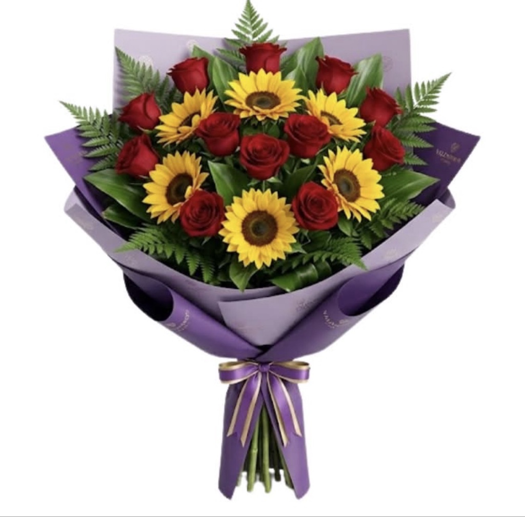 Sunflower and Red Rose Bouquet (12 Red Roses, 5 Sunflowers, Greenery, Elegantly Wrapped)